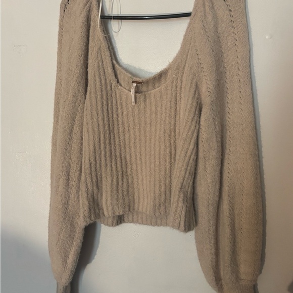 Free People Beige Ribbed Knit Puff Sleeve Crop Sweater Women’s XL - Picture 5 of 7